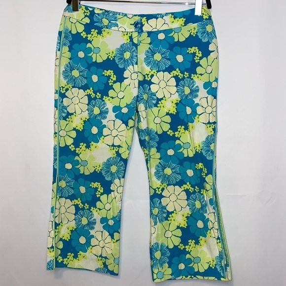 Lilly Pulitzer Green Blue Floral Retro Pants Size 2 - Picture 1 of 9